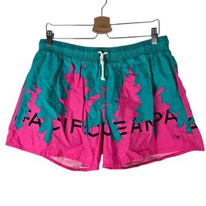 VTG Ocean Pacific OP All Over Print Neon Green Pink Swim Trunks Shorts Sz L